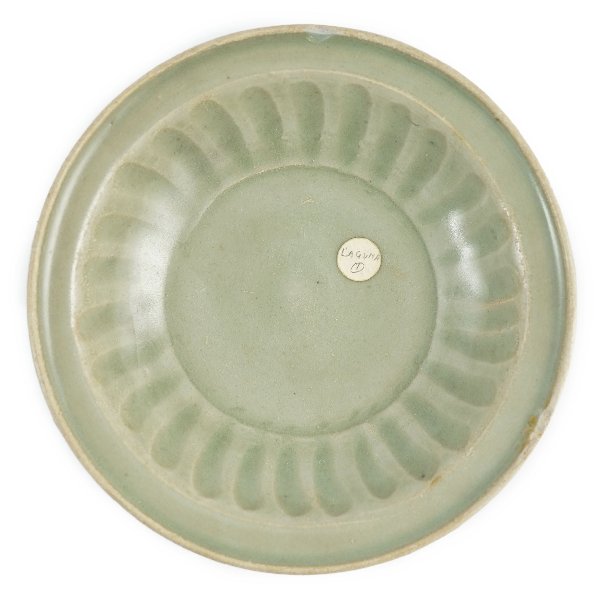 A small Chinese Ming Longquan celadon dish, 15th/16th century, 16.2cm diameter, some faults